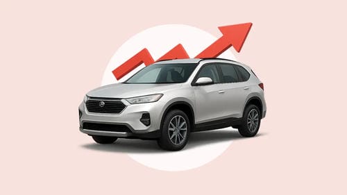  A silver SUV with a red upward-trending arrow behind it, illustrating the increase in vehicle costs.