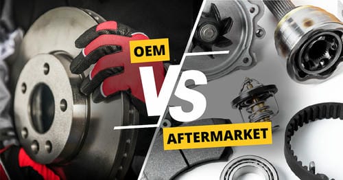 A split image comparing OEM (Original Equipment Manufacturer) and aftermarket auto parts.
