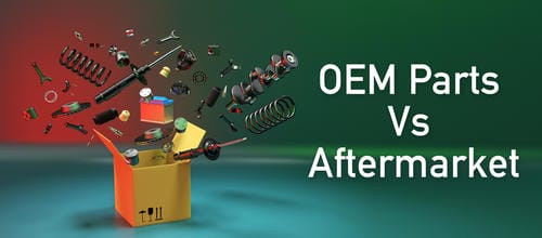 An illustration titled "OEM Parts Vs Aftermarket," showing car parts spilling out of a box.