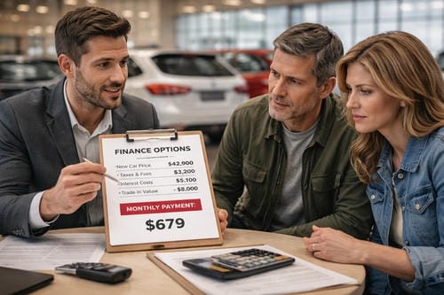A car salesperson showing a couple finance options with a clipboard displaying a monthly payment of $679.